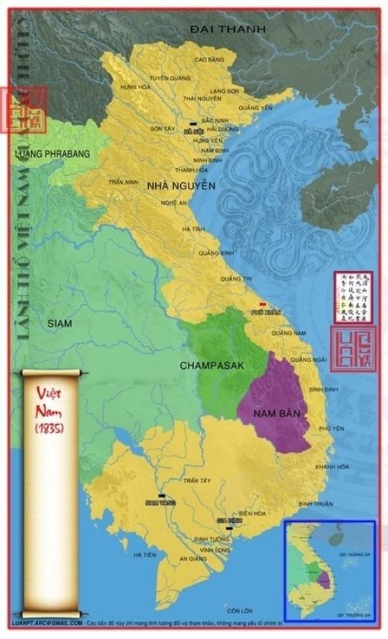 Bản đồ Việt Nam năm 1835 sau khi sáp nhập các vùng đất của Lào và Campuchia. (Ảnh từ lichsunuocvietnam.com)