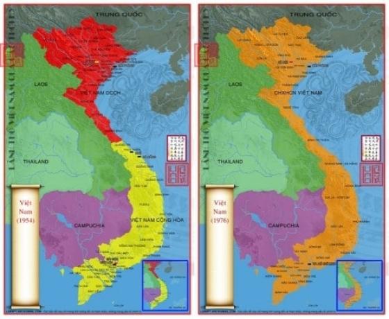 Bản đồ Việt Nam 1954 và sau năm 75. (Ảnh từ lichsunuocvietnam.com)