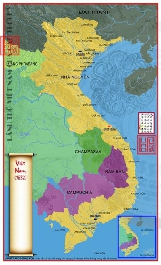 Bản đồ lãnh thổ Việt Nam thời nhà Nguyễn sau khi sáp nhập vùng đất từ Lào. (Ảnh từ lichsunuocvietnam.com)